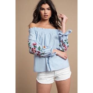 J.O.A. Off The Shoulder Farrah Light Blue Floral Embellished Blouse Ligh…